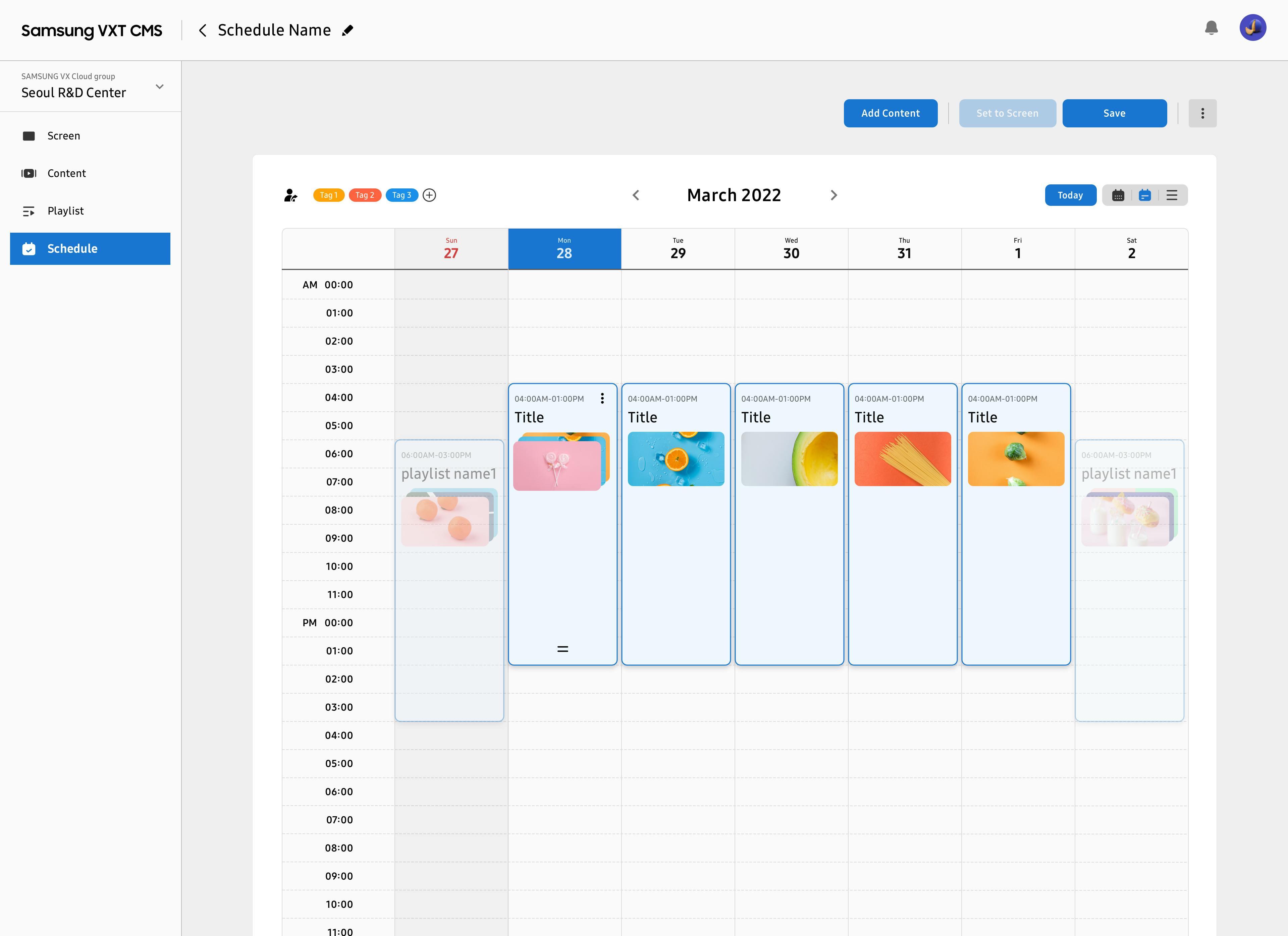 A screenshot of the VXT CMS weekly scheduling feature