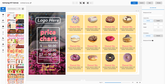 Samsung VXT canvas tool showing various digital signage templates for a donut shop menu
