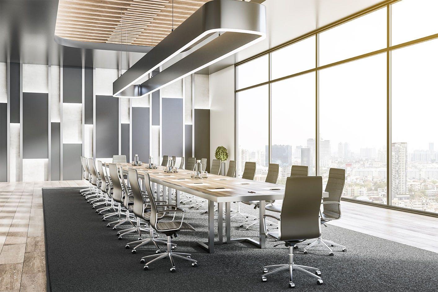 Corporate meeting room with skyscraper background